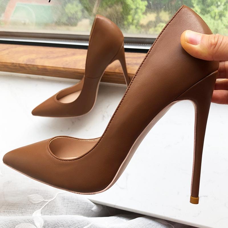 Dress Shoes Dark Brown Matte Women Pointy Toe Slip On High Heel Elegant Ladies Formal Stiletto Pumps Plus Size 33-45