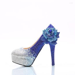 Dress Shoes Designer Handmade Rhinestone Wedding Blue met Silver Crystal Bridal Platform prachtige prom party pompen