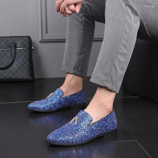 Chaussures habillées Designer Rétro Pointu Attrayant Bleu Paillettes Mariage Cuir Oxford Hommes Mocassins Occasionnels Formel Zapatos Hombre