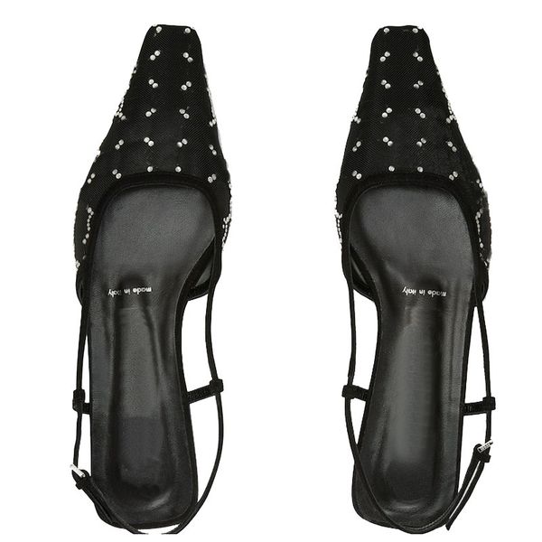 Sandalias de diseño de vestimenta de diseñadores de moda Mujeres Sandalias de lujo Sandalias de lujo Tontos cuadrados Bomba Aria Slingback Zapatos Presentados Black Mesh con cristales Motivos brillantes