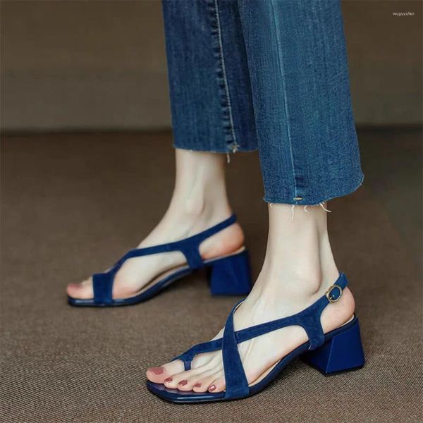 Diseñador de zapatos Diseñador Spring Summer Pombas para mujeres Sandalias elegantes de los pies cuadrados con tacones gruesos Fashion Blue Slingbacks Gladiator