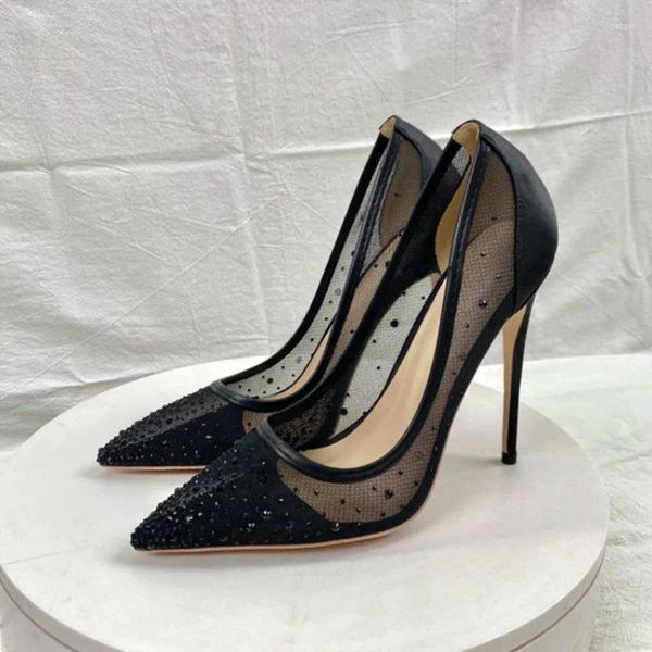 Chaussures habillées diamant maille pointu à bout de chaussures paillettes noires scarpin designer hauts hauts pompes en strass