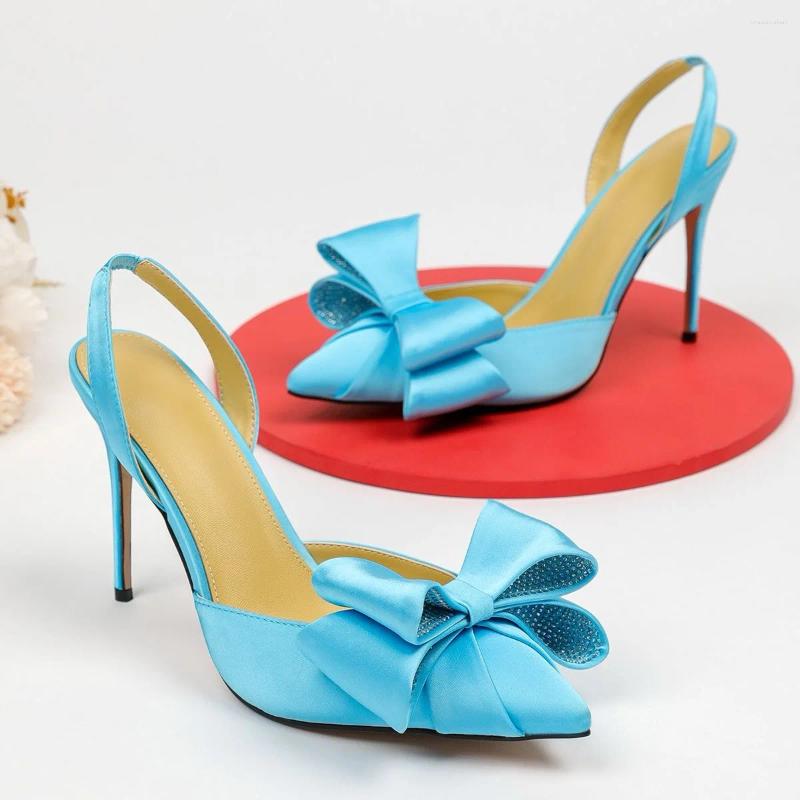 Klänningskor Doris Fanny Blue Bow Women's Handmade Silk High Heels Party utgående Sandaler Slingback Fashion