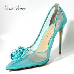 Robe chaussures Doris Fanny fleur bleue bout pointu maille sexy talons hauts femmes stiletto pompe pour fête de mariage mode 2024