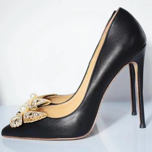 Robe chaussures Doris Fanny papillon boucle bout pointu en cuir noir stiletto haut talon fête de mariage pour les femmes