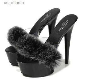 Dress Shoes Chaussures habillées pantoufles 15 cm nouveaux poils de lapin européens et américains à talons super hauts à talons minces sexy noirs chaussures à plate-forme imperméables RJ3L H240321