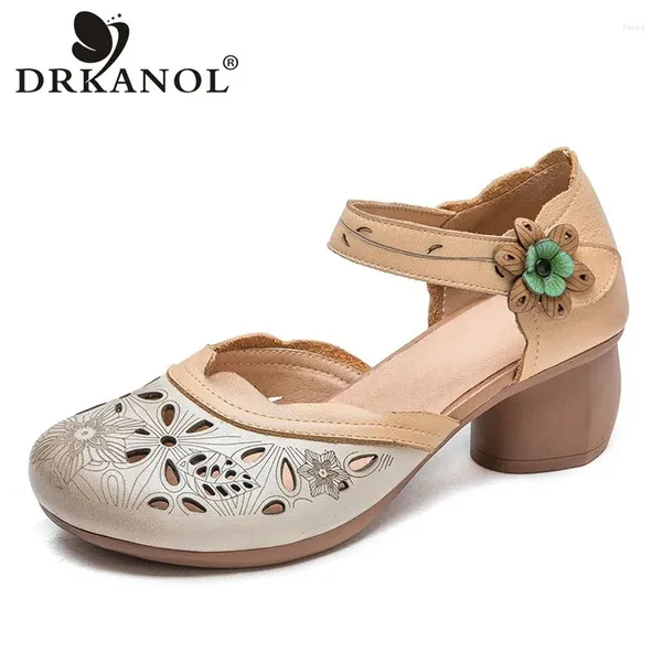 Zapatos de vestir Drkanol National Sandalias de cuero genuinas Mujeres Flores huecas de verano Tacón grueso bucle de bucle de gancho casual
