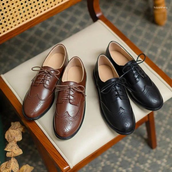 Chaussures de robe Eagsity Véritable Cuir Brogue Brown Oxford Pointu Toe Lace Up Derby Casual Mode Dames