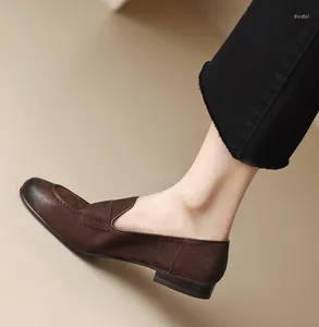 Geklede schoenen EAGSITY lederen Penny Loafer dames muilezels vierkante hak puntige neus casual mode dames bruin