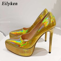 Zapatos de vestir Eilyken Golden Platform de dedo del pie puntiagudo Bombas Sexy Sede Steel Tube Dance Dance Talones Altos Gladiator Femenino Femenino230227