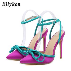 Robe chaussures Eilyken soie papillon noeud femmes pompes sexy bout pointu cheville boucle sangle mince talons hauts femme chaussures violet designer sandalesl230227