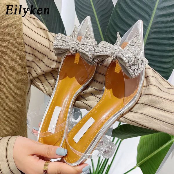 Robe chaussures Eilyken printemps automne cristal paillettes bowknot argent femmes pompes bas talons hauts PVC sandales transparentes fête mariage chaussure de bal 231108