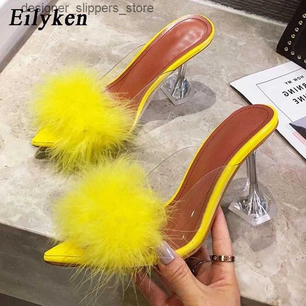 Chaussures de robe Eilyken été femmes pompe PVC plume transparente Perspex cristal talon haut fourrure orteil mule glisser femmes chaussures de diapositives Q240314