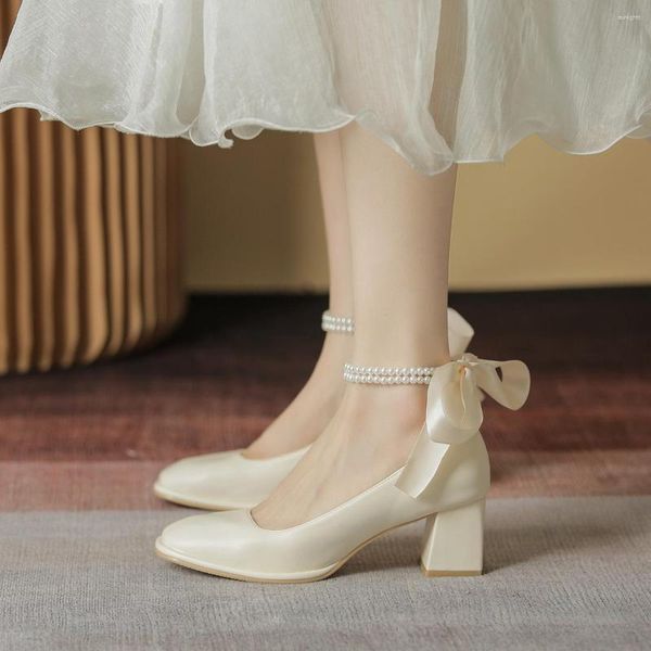 Zapatos de vestir elegantes tacones altos moda mujer lazo tacón grueso punta cuadrada Mary Jane fiesta mediana 2023