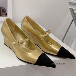 Jurk Schoenen Elegante Dames Spitse Neus Wig Hoge Hak Mary Janes Goud Zwart Retro Spiegel Leer Zilver Dames Pumps