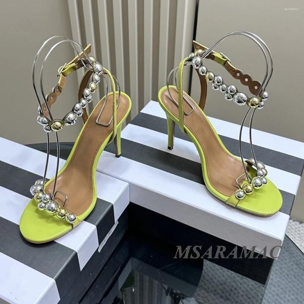 Zapatos de vestir elegante verde claro cinturón fino cadena de bola de metal hebilla de tobillo correa de tacón alto sandalias de verano de gran tamaño