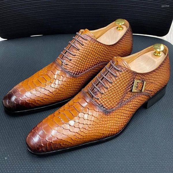 Zapatos de vestir elegante Oxford hombres cuero genuino serpiente patrón estilo negocio formal para marrón negro azul pisos e006