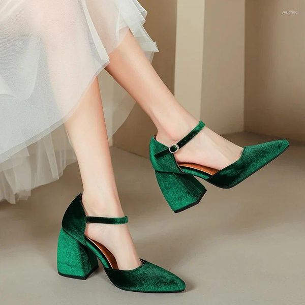 Robe chaussures élégant velours talons hauts femme 2024 sexy brides à la cheville noir vert femme talon pointu chaussures pompes dames 45