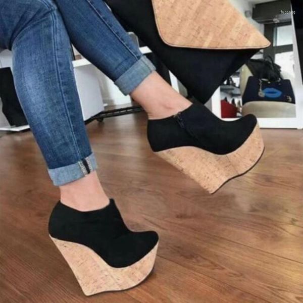 Zapatos de vestir para mujeres elegantes Pombas cuñas Tacones de tacones altos de gamuza negra Mujer talla 5-15