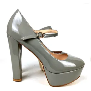 Dress Shoes Elegant Dames High Heel Pumps Platform Round Teen Block Heel Ankle Strap Ladies Party Patent Leer in Gray