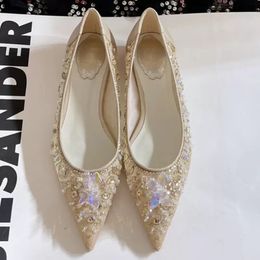 Zapatos de vestir Bombas adornadas Sandalias de zapatos Diseñadores de lujo Mocasines de cristal Taladro de costura a mano de encaje 7.5Cm Stiletto Suela de cuero plateado brillante Rc Mujer