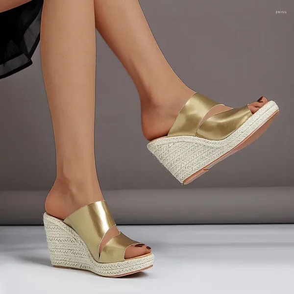 Zapatos de vestir Alpargatas Sandalias de mujer Cuñas doradas para mujer Plataforma de tacón alto Zapatilla peep toe Diapositivas al aire libre Suela de cuerda informal