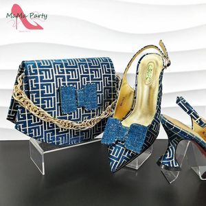 Chaussures habillées est 2024 Summer African Leisure and Sac Set In Teal Blue Couleur avec du cristal brillant pour le mariage