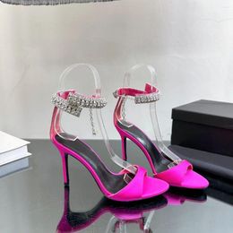 Zapatos de vestir Est para mujer Verano Seda Tacones altos Sandalias Crystal Chain Designer Open-Toes Tobillo Correa Sandalias Zapatillas