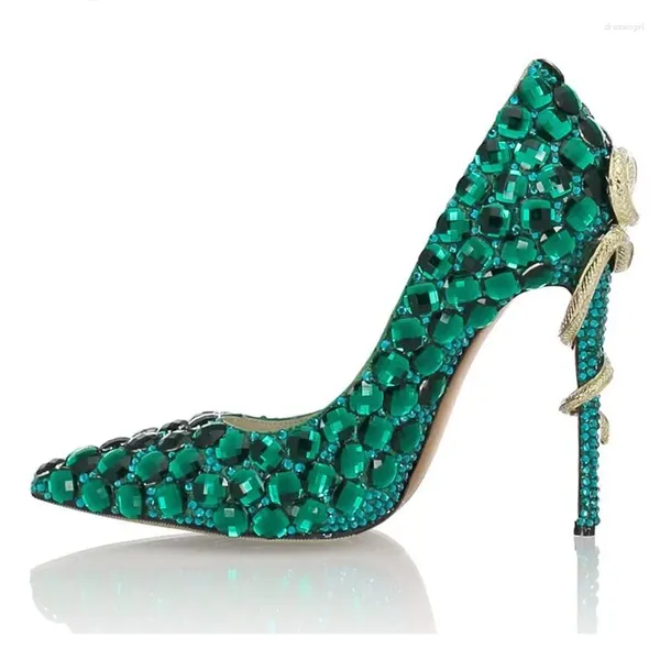 Robe chaussures est vert diamant haut talon mariage torsadé métal serpent pointu orteil pompes stiletto femmes célébrant