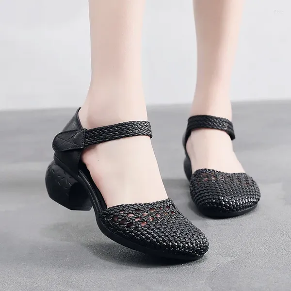 Zapatos de vestir estilo étnico mujer 2024 moño de verano sandalias transpirables tacón grueso tejido agujero hueco