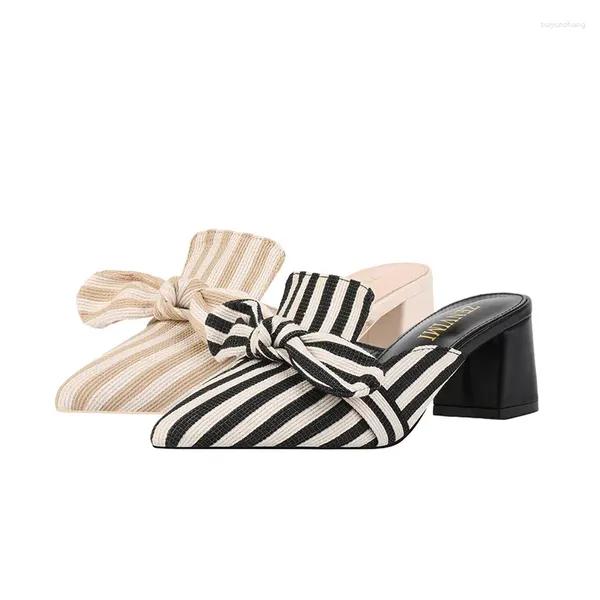 Chaussures habillées Europe et Amérique 2023 Printemps / Été Tissu Bow Stripe pointu talon épais sandales hautes chaussures simples pour femmes 507-2