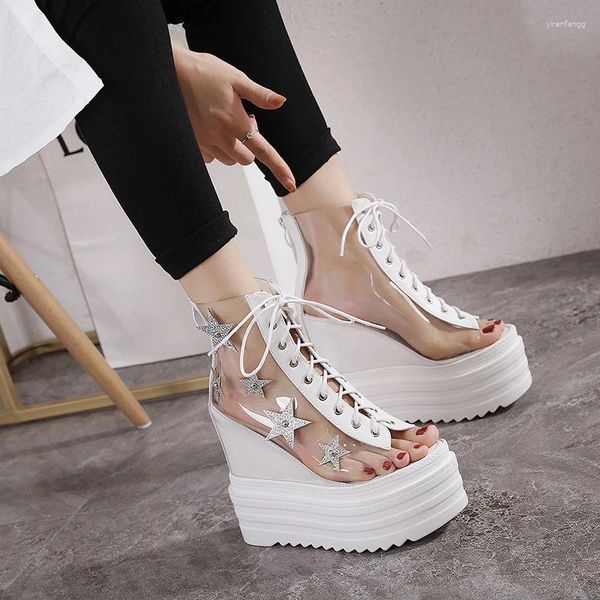 Zapatos de vestir europeos transparentes PVC tacones altos botas de tobillo para mujer verano femenino con cordones cuña fresco club nocturno