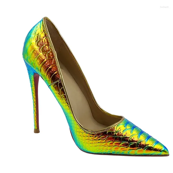 Zapatos de vestir Tamaño extra 34-45 Verde Oro Serpiente Estampado Microfibra Exterior Plantillas de cuero real Borde dorado Mujeres Tacones altos Bombas