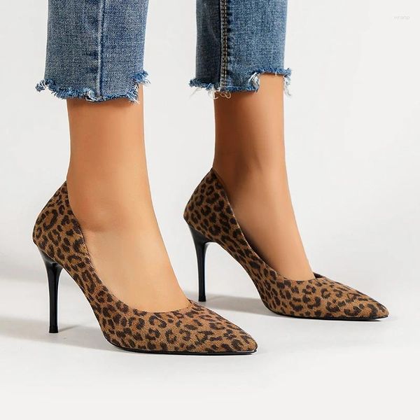 Zapatos de vestir bombas de gamuza moda leopardo estilettos mujeres 2024 verano fiesta de verano tacones súper altos sandalias de dedo del pie puntiagudo