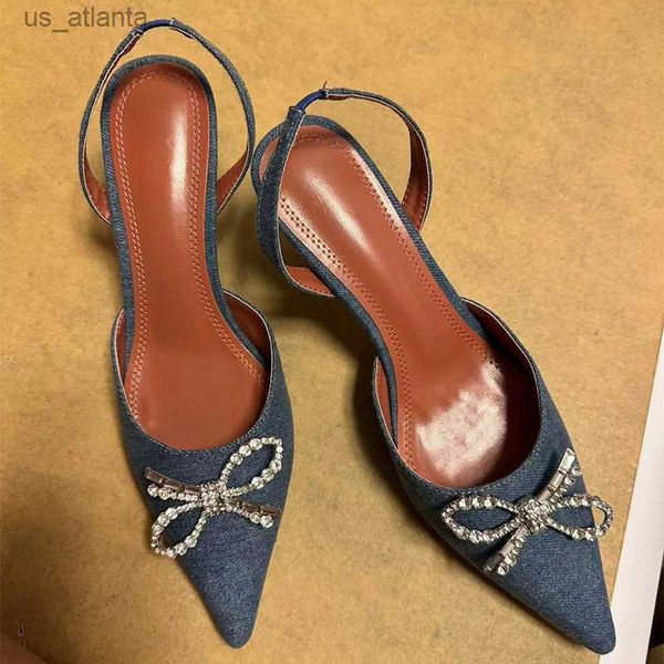 Chaussures habillées de la marque Fashion Fashion Sthingestones Bowknot Denim Femmes Pumps Elegant Slingbacks Spring Autumn High Heels Office Lady H240403FAWV