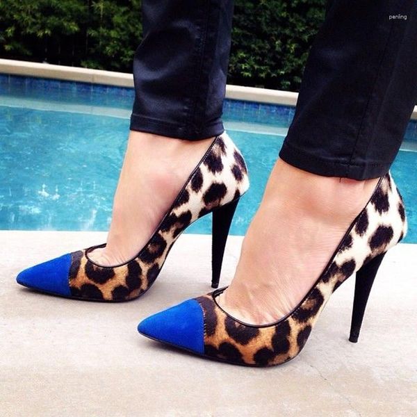 Zapatos de vestir Famosos Tacones altos Punta estrecha Leopardo Grano Mujeres Bombas Tamaño grande 42 Boda elegante Mujer Spike Zapatos Mujer