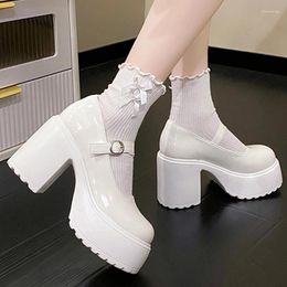 Dress Shoes Fanan 2023 Super hoge hakken Mary Jane Women enkel Buckle Chunky platformpompen vrouw pu leer vrouw