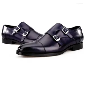 Chaussures habillées Mode Noir / Bleu Double Monk Strap Business Cuir Véritable Mariage Pour Hommes