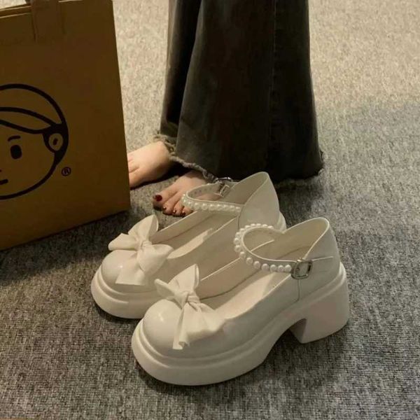 Chaussures habillées Mode Bow Pompes Chaussures Mary Jane Chaussures Femmes Perle Chunky Talon Pompes Mignon Fond Épais Augmenter Chaussures Japonaises Zapatillas Mujer