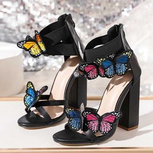 Chaussures habillées Design Fashion Butterfly Elastic Ankel Strap talons carrés Gladiator Sandales Femme Été Open Toe Zip Banquet Dress Chaussures H240401PYYQ