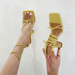 Dress Shoes Fashion Design Summer Yellow Women Sandalen Narrow Band Strange Hoge Heels Lace Up Gladiator Open teen dames