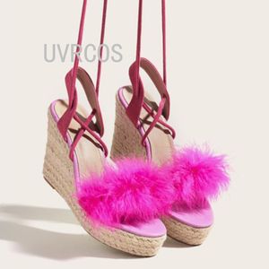 Dress Shoes Fashion Fluffy Sandals Women Gladiator Open Toe enkel veter dames casual platform Wedge Heel Vrouw 2023 Zomer