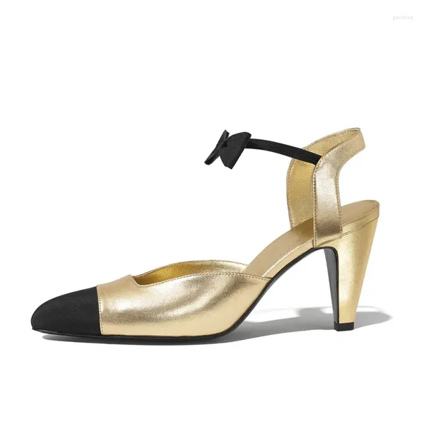 Zapatos de vestir moda tacones dorados altos de verano para mujeres bownot sandalias negras de tacón negro batou color coincidente Mary Jane