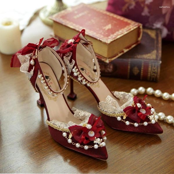 Zapatos de vestir moda lujo lolita rojo flor boda dedo de tiburón aguja a la novia