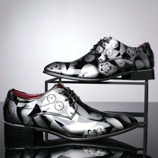 Chaussures Habillées Mode Hommes Cuir Brillant Fleurs De Mariage Imprimer Bout Pointu À Lacets D'affaires Nice Hjn6