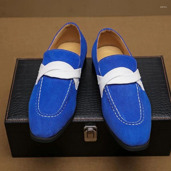 Zapatos de vestir Moda Hombres Azul Gamuza Charol Oxfords Formal Masculina Boda Prom Homecoming Flats Sapato Social Masculino