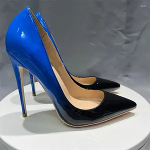 Robe chaussures mode patchwork bleu-noir pointu talon haut chic femmes brillant brevet stiletto 10cm talons pompes grande taille 43 44 45