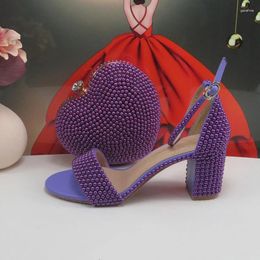 Robe chaussures mode violet perle bout ouvert poisson de mariée sandales d'été femme bride à la cheville boucle sac de fête de mariage talon épais