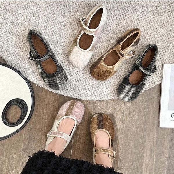 Zapatos de vestir Moda Punta redonda Tartán Lana Ballet Pisos Mujer Invierno Cálido Mocasines de felpa Damas Diseño de marca Colorido Plaid Mary Jane