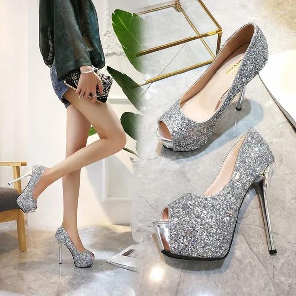 Robe chaussures mode paillettes tendance sexy discothèque poisson bouche haut talon plate-forme imperméable peu profonde femmes simples pompes élégantes